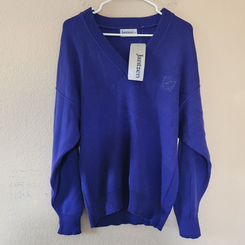 Jantzen Mens Knit V Neck Sweater Size Small Classic Preppy Crest Logo Periwinkle